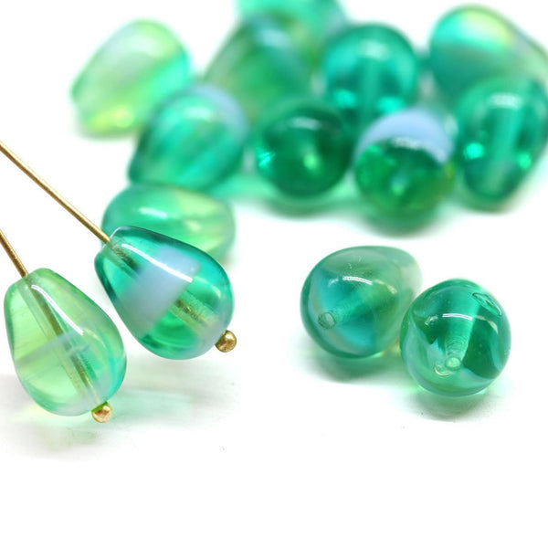 13x9mm Mixed green pear shape teardrop czech glass beads 10pc