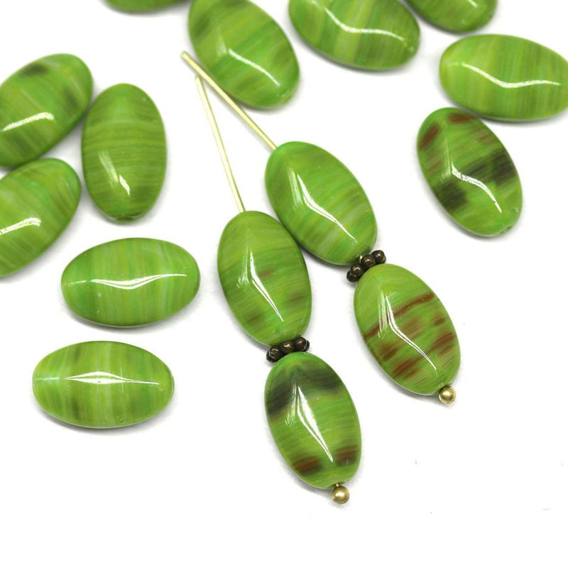 15x9mm Opaque green oval beads, green brown mixed - 15pc