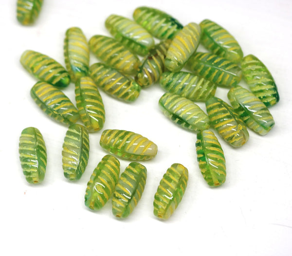 14x7mm Green yellow long barrel czech glass beads, mixed color 25Pc