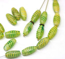 14x7mm Green yellow long barrel czech glass beads, mixed color 25Pc