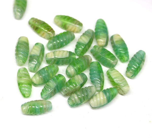 14x7mm Green beige long barrel czech glass beads, mixed color 25Pc