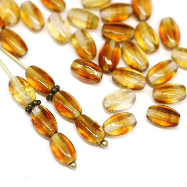 9x6mm Amber topaz Czech glass pressed barrel rice beads, 50pc