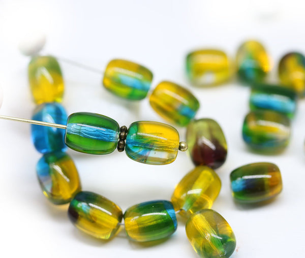 10x8mm Yellow green blue barrel czech glass beads, Mixed color 20Pc