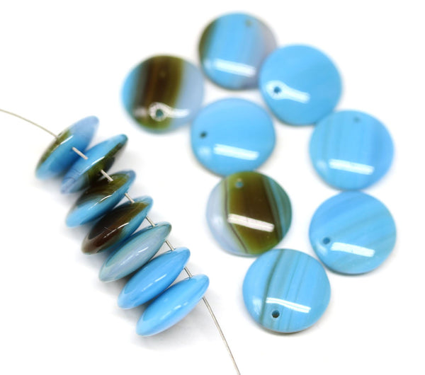 12mm Blue brown lentil czech glass round circle beads - 15Pc