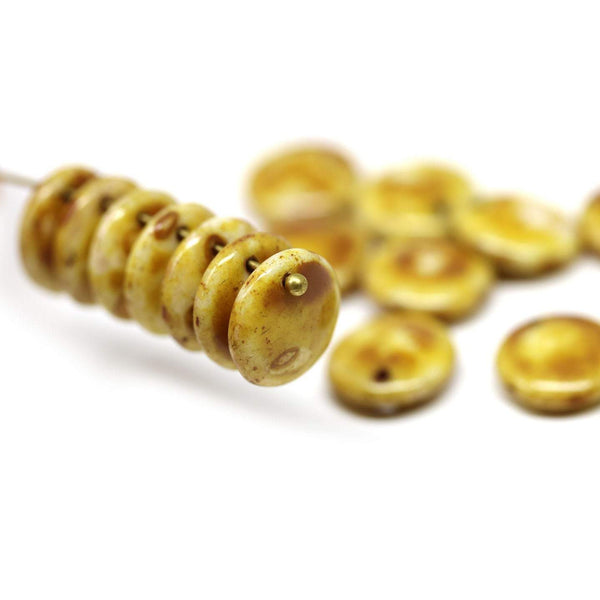 12mm Picasso finish beige brown lentil czech glass beads - 15Pc