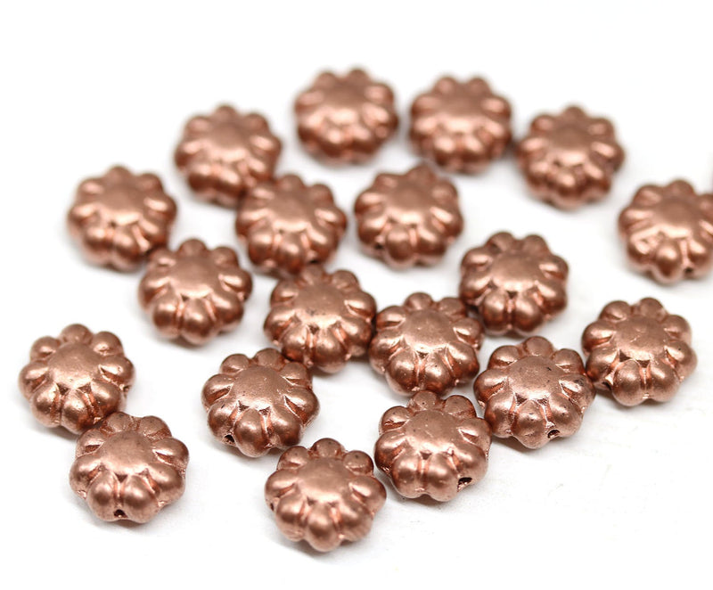 9mm bright copper daisy flower beads, Metallic finish czech glass floral beads 40Pc