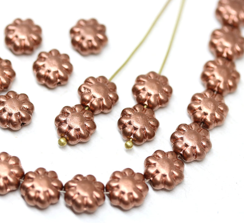 9mm bright copper daisy flower beads, Metallic finish czech glass floral beads 40Pc