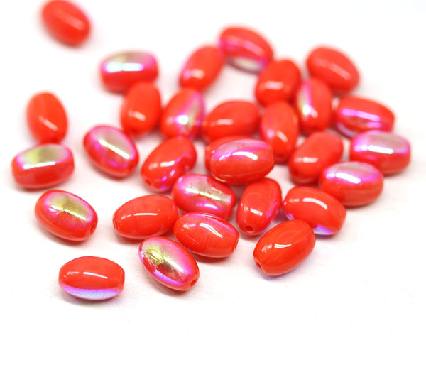9x6mm Coral red oval Czech glass pressed barrel beads AB finish, 30pc
