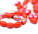 9x6mm Coral red oval Czech glass pressed barrel beads AB finish, 30pc