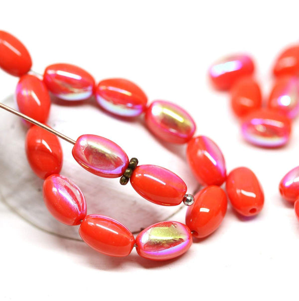 9x6mm Coral red oval Czech glass pressed barrel beads AB finish, 30pc