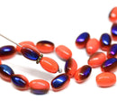 9x6mm Coral red oval beads Dark blue luster, Czech glass pressed barrel rice beads, 30pc