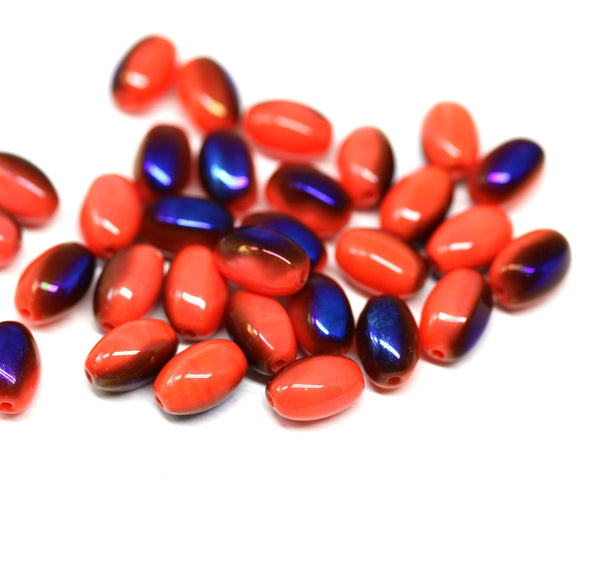 9x6mm Coral red oval beads Dark blue luster, Czech glass pressed barrel rice beads, 30pc