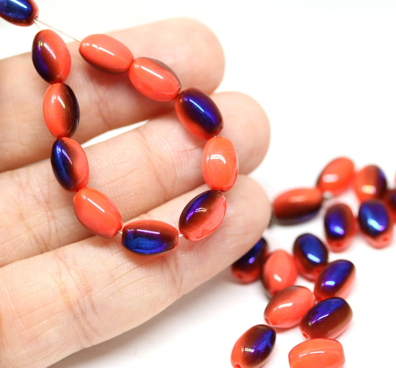 9x6mm Coral red oval beads Dark blue luster, Czech glass pressed barrel rice beads, 30pc