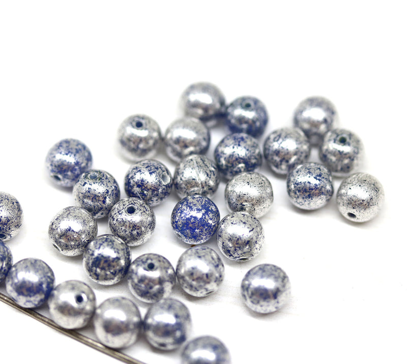 6mm Dark blue czech glass round beads with silver luster, 30Pc