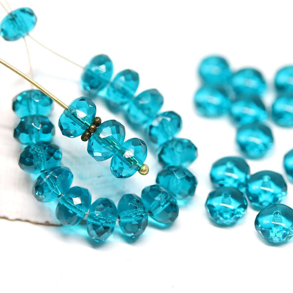 5x8mm Indicolite blue Czech glass beads, Fire polished gemstone cut rondels 30Pc
