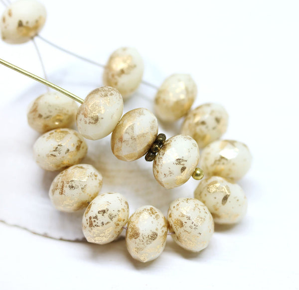6x8mm Beige and gold Czech glass rondelle beads -12Pc