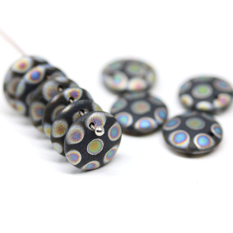 12mm Black lentil, AB decor czech glass round beads - 10Pc