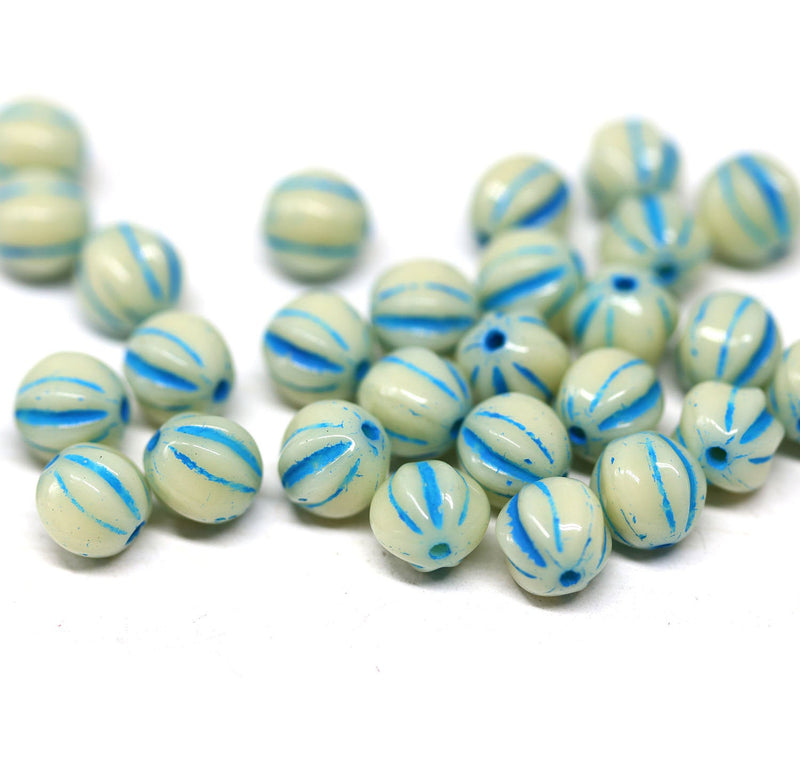 6mm Off white Czech glass melon shape round beads - 30pc