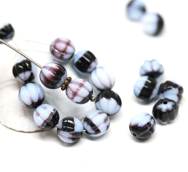 8mm Black and white czech glass round beads, Melon shape - 20pc