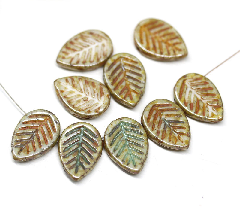 12x16mm Picasso czech glass leaf beads, Brown green side drilled leaves 6pc