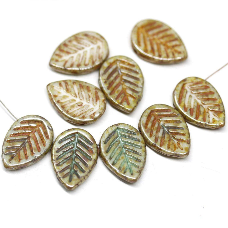 12x16mm Picasso czech glass leaf beads, Brown green side drilled leaves 6pc