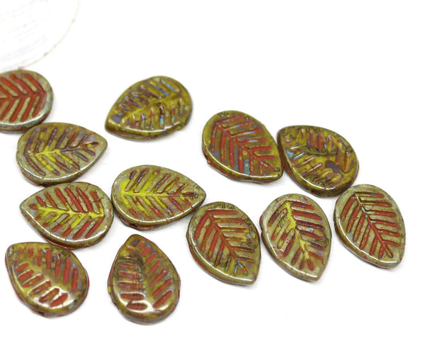 12x16mm Picasso finish czech glass leaf beads, side drilled 6pc