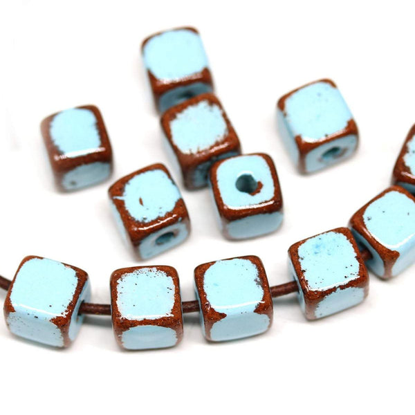 10mm Blue brown greek ceramic cube beads 2mm hole, 6pc