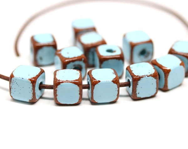 10mm Blue brown greek ceramic cube beads 2mm hole, 6pc