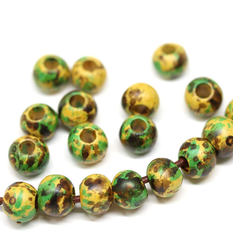 9mm ceramic organic round beads, Brown yellow green 3mm hole, 10pc
