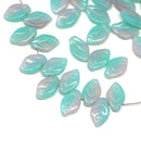 12x7mm Opal green pink leaf beads, Czech glass pressed - 40pc