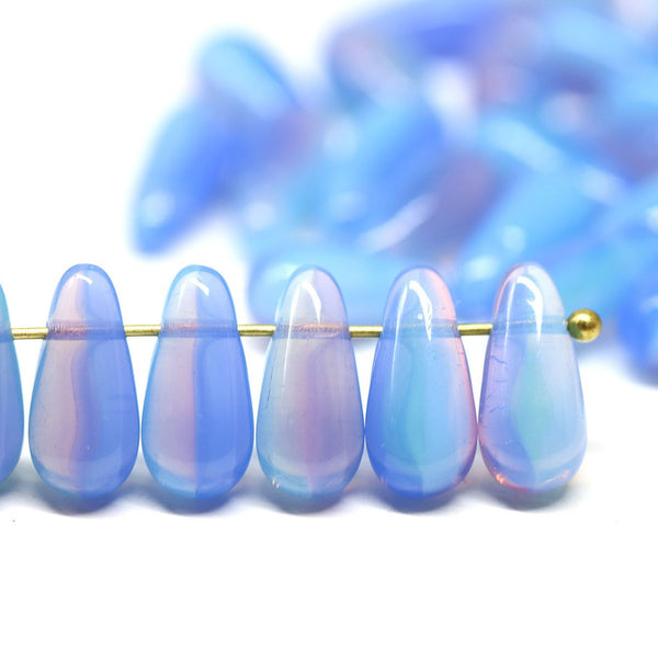 6x13mm Opal blue pink long teardrop czech glass beads, 15pc