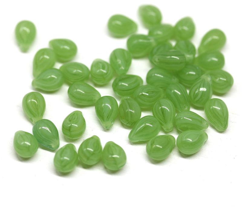 40pc Striped green czech glass teardrop beads - 6x9mm