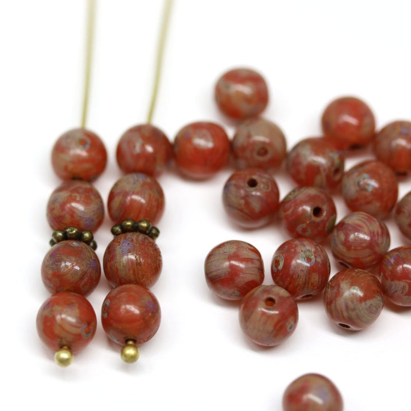 6mm Picasso red czech glass round beads, druk pressed spacers 50Pc