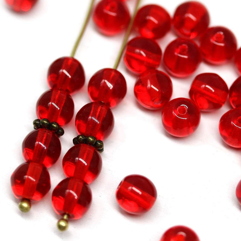 6mm Transparent red czech glass round beads, druk pressed spacers 40Pc