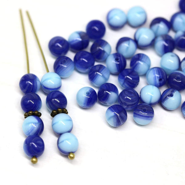 6mm Mixed blue czech glass round beads, druk pressed spacers 40Pc