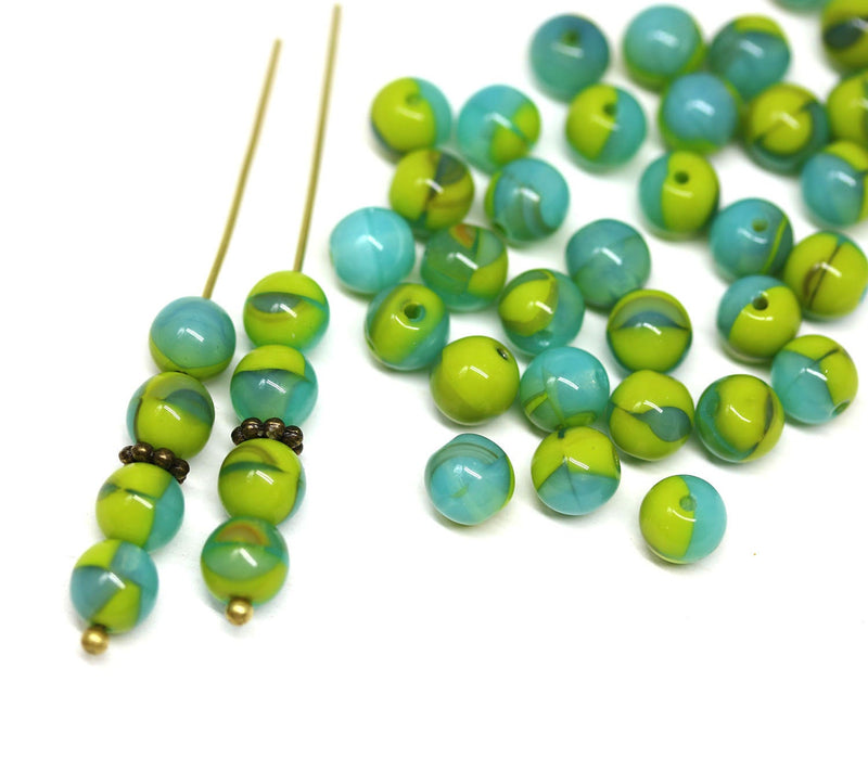 6mm Green blue czech glass round beads, druk pressed spacers 50Pc