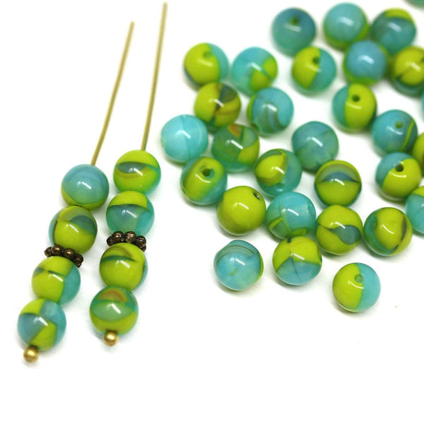 6mm Green blue czech glass round beads, druk pressed spacers 50Pc