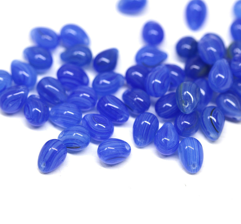 70pc Small blue teardrops, czech glass top drilled drop beads - 5x7mm