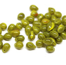 5x7mm Olive green yellow teardrops, czech glass top drilled, 50pc