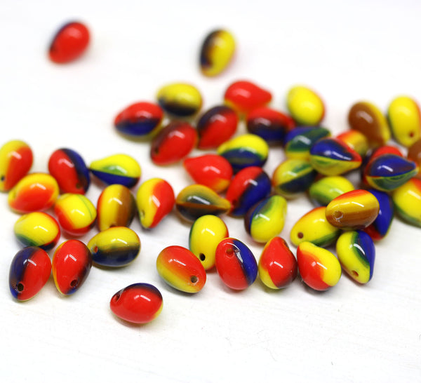 70pc Small yellow red teardrops, czech glass -  5x7mm