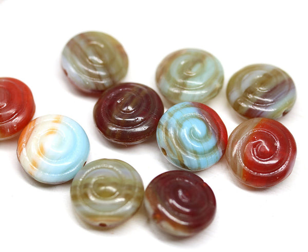 12Pc Red blue shell beads, Czech glass