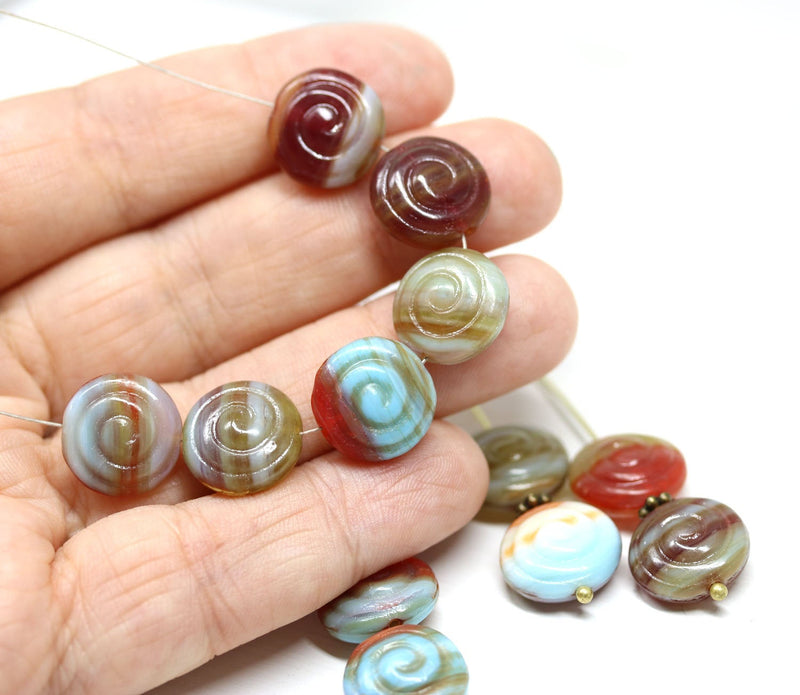 12Pc Red blue shell beads, Czech glass
