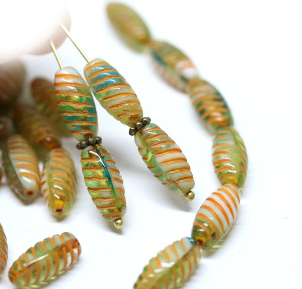 14mm Green orange beads mix, long barrel czech glass oval beads 25Pc