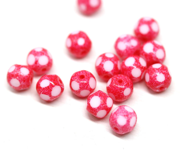 8mm Pink red czech glass fire polished faceted round cut beads with white spots 15Pc