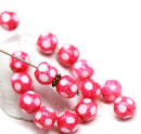 8mm Pink red czech glass fire polished faceted round cut beads with white spots 15Pc