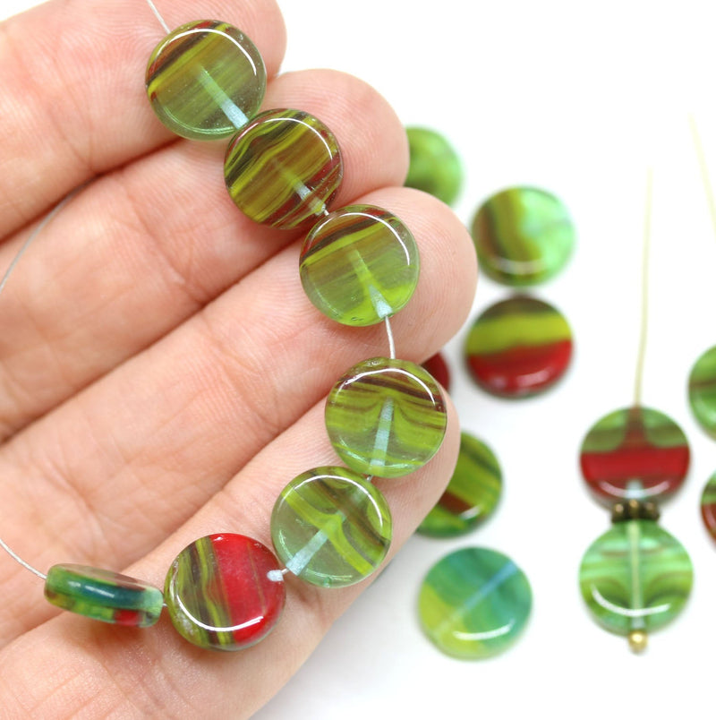 10mm Green red Coin shaped czech glass beads, round tablet shape beads 25Pc