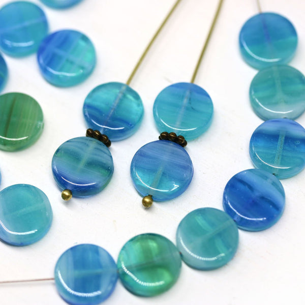 10mm Mixed Blue coin czech glass beads, round tablet shape pressed beads 25Pc