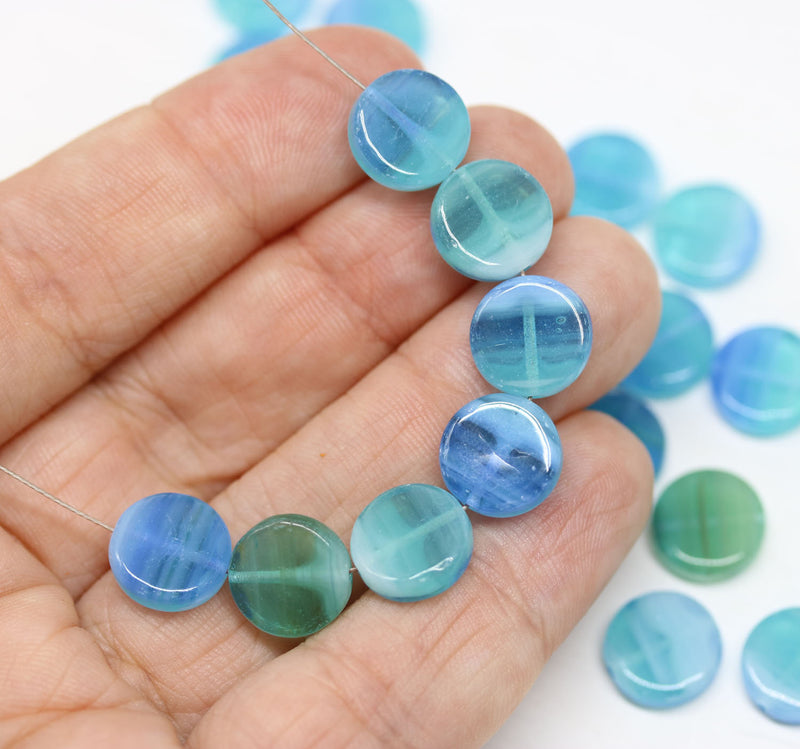10mm Mixed Blue coin czech glass beads, round tablet shape pressed beads 25Pc