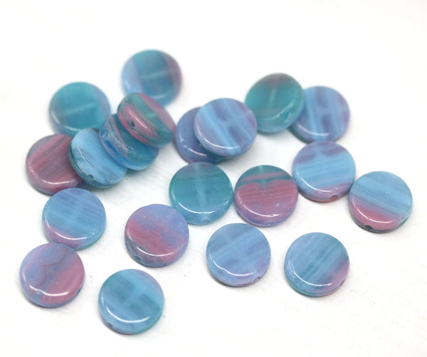10mm Blue pink coin czech glass beads, round tablet shape pressed beads 20Pc
