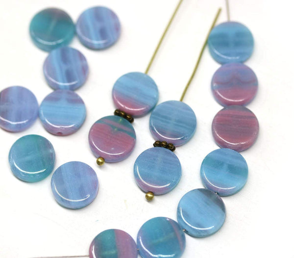10mm Blue pink coin czech glass beads, round tablet shape pressed beads 20Pc